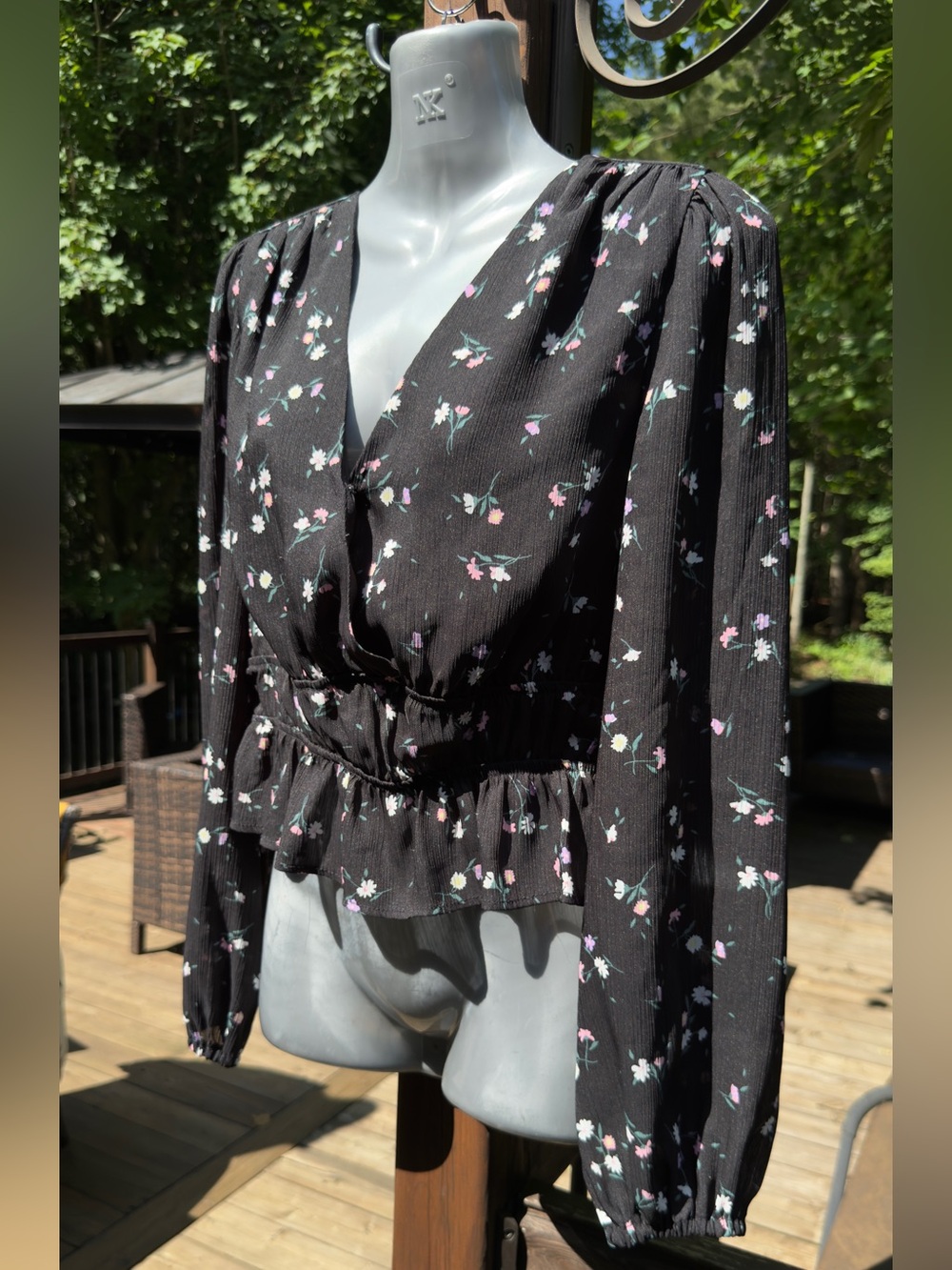 Dynamite Black Floral Wrap Peplum Blouse Long Sleeve | Size P/S - Picture 5 of 9